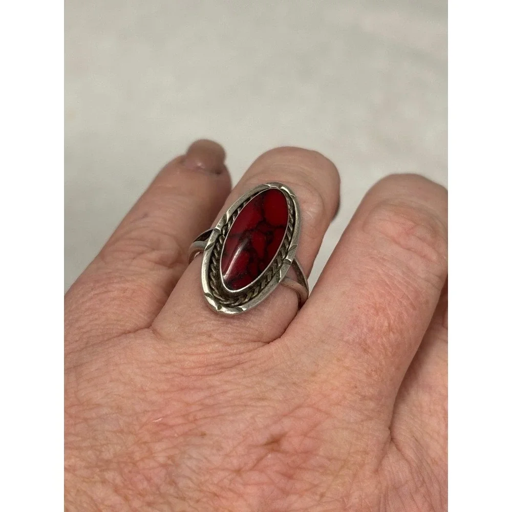 VTG Sterling Silver Mexico Red Howlite Cabochon‎ Statement Ring Size 5.5